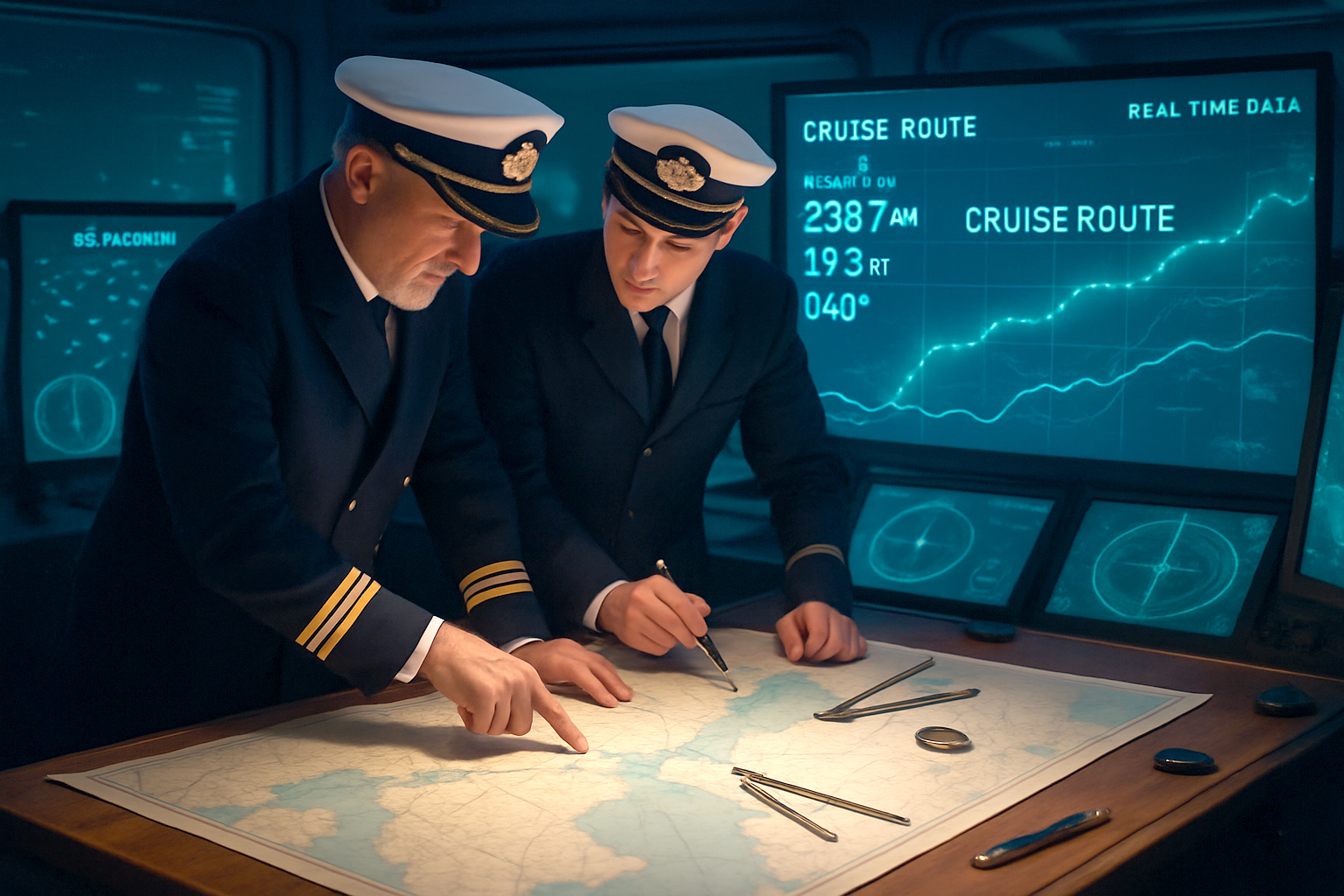 Kapitän und Erster Offizier bei professioneller Routenplanung mit ECDIS